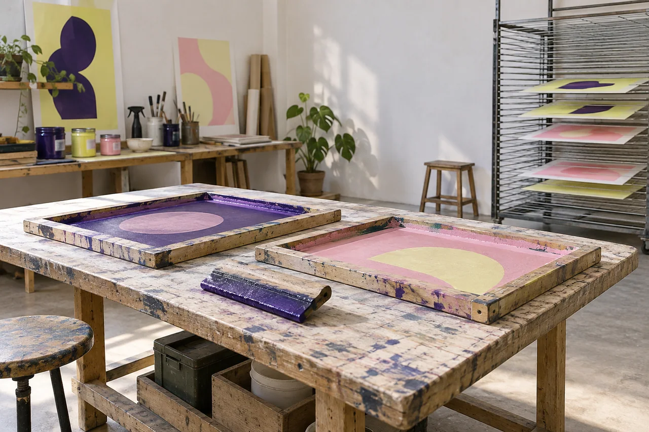 Cadres de sérigraphie et raclette sur une table, avec des feuilles colorées dans un séchoir.