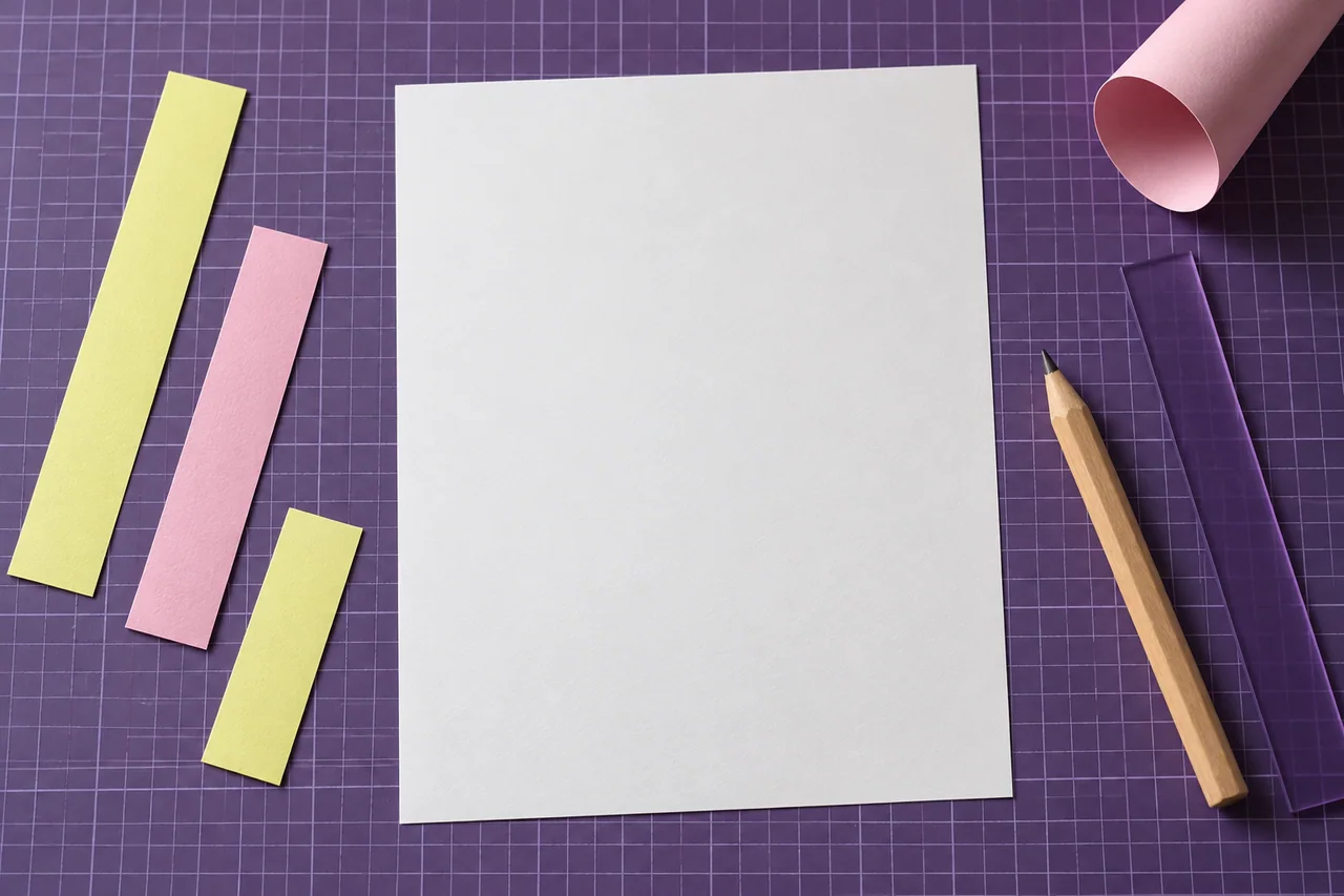 Feuille blanche, bandes de papier coloré, crayon et règle sur un tapis de découpe violet.