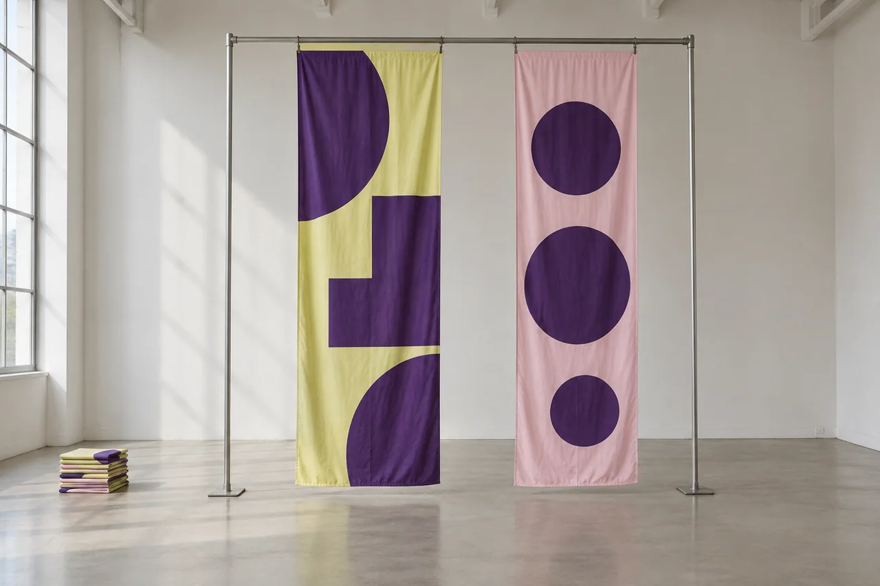 Deux bannières textiles imprimées de formes violettes, suspendues à un portant dans une salle vide.