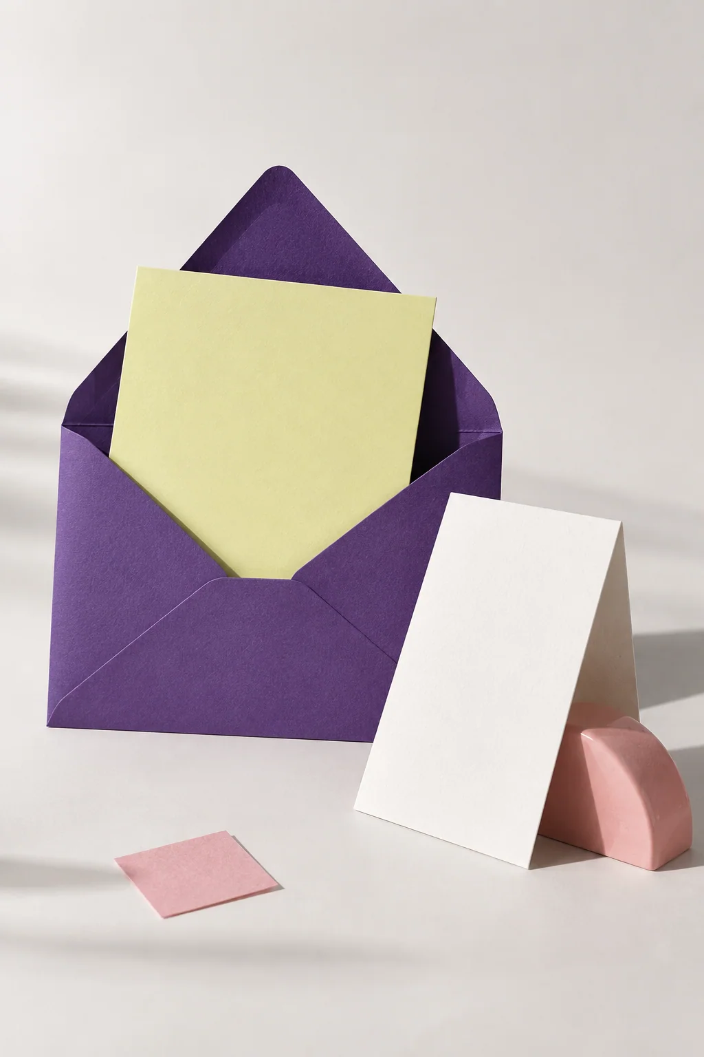 Enveloppe violette ouverte, carte jaune et feuille blanche sur un support rose.