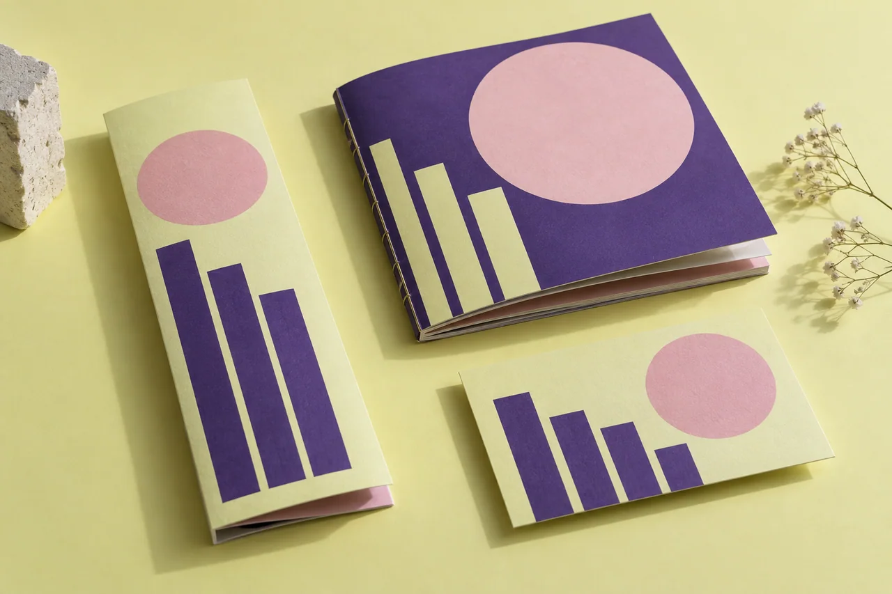 Dépliant, livret carré et petite carte aux formes imprimées coordonnées.