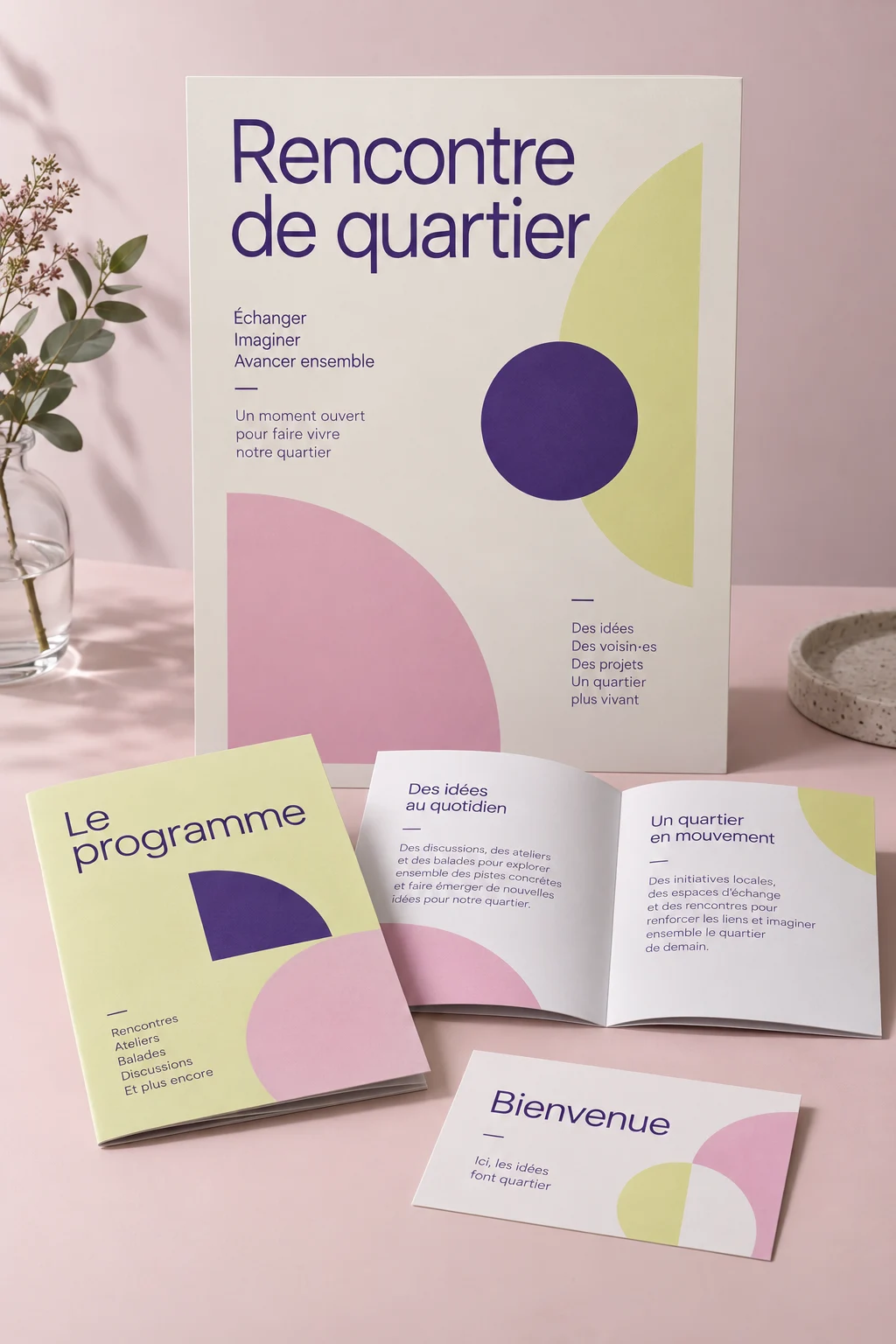 Affiche, brochure et invitation d’une campagne de communication aux couleurs violet, citron et rose.