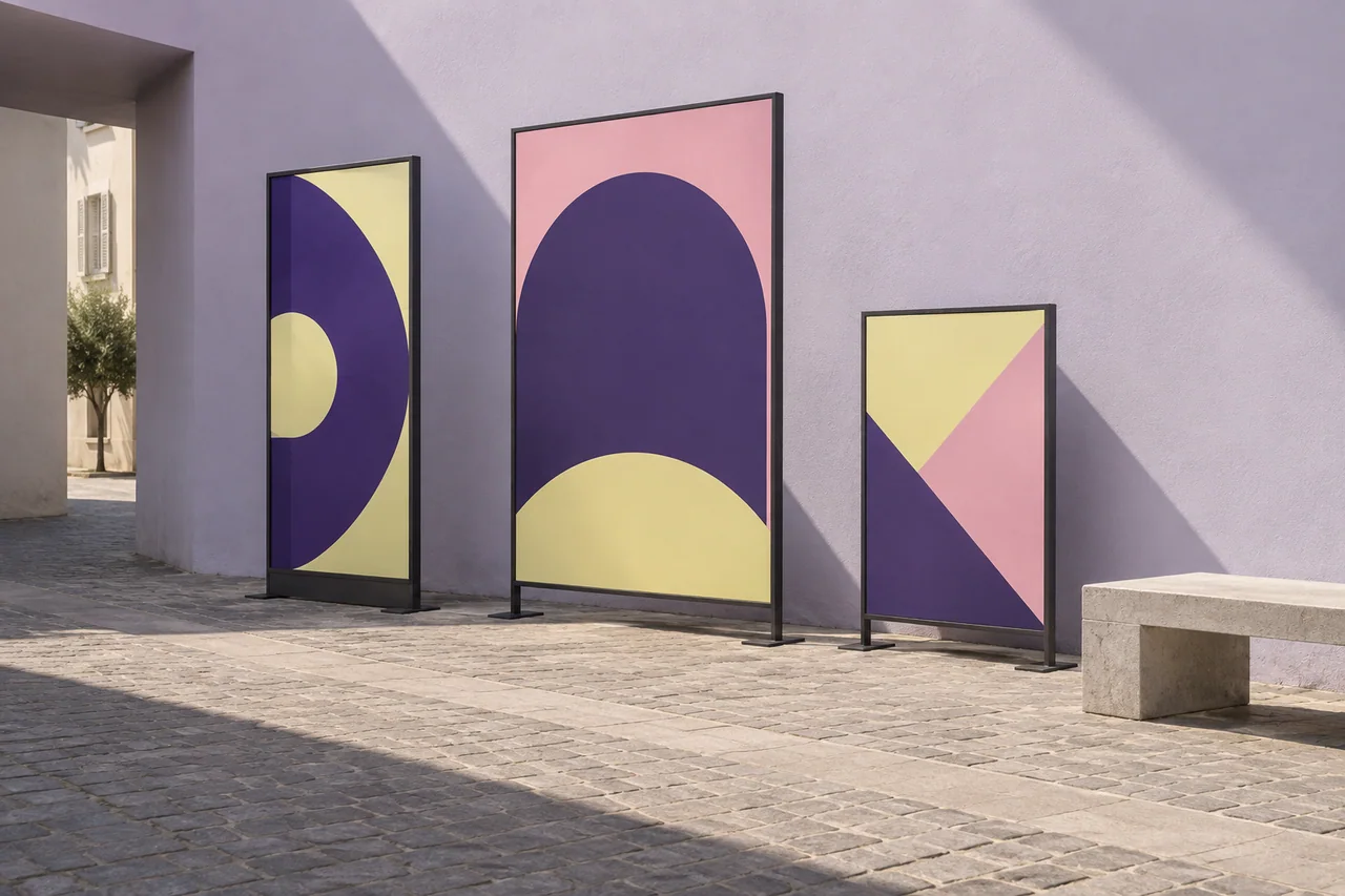 Trois panneaux d’affichage abstrait de tailles différentes dans un passage piéton vide.