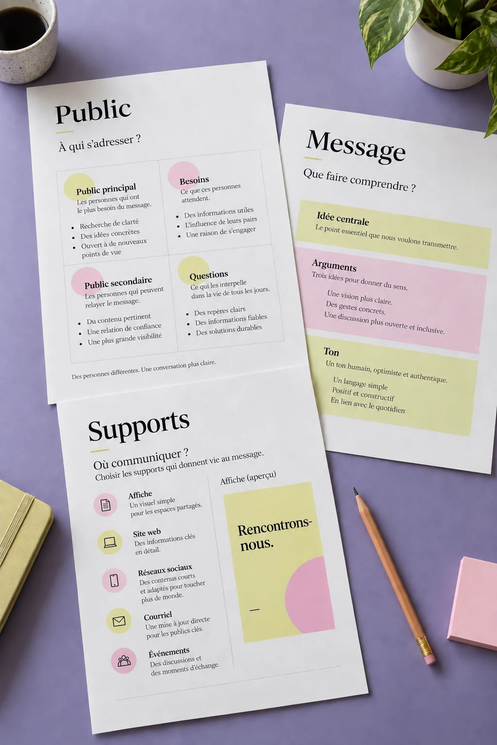 Documents de stratégie de marque présentant le public, le message et les supports d’une campagne.